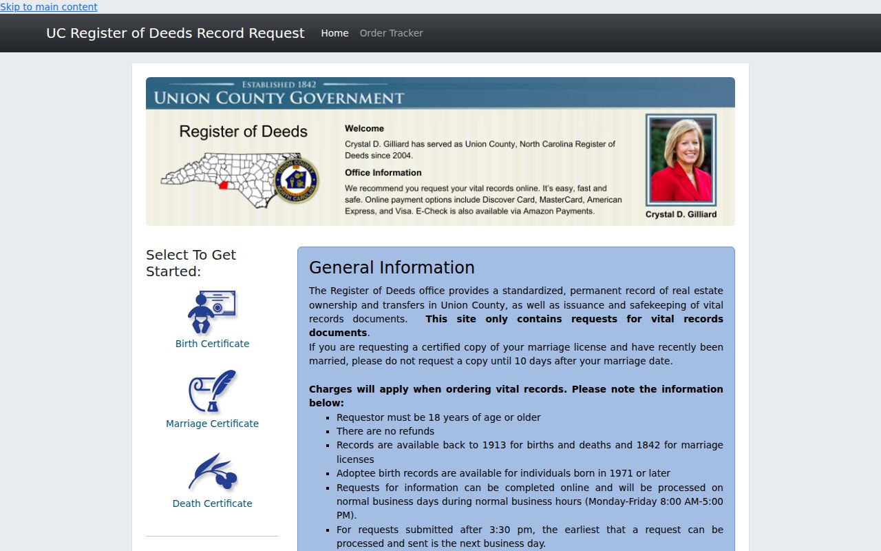 Indian Trail resident lookup Union County vital record order portal